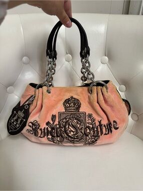 Juicy Couture Peach Velvet Embroidered Chain-Handle Shoulder Bag